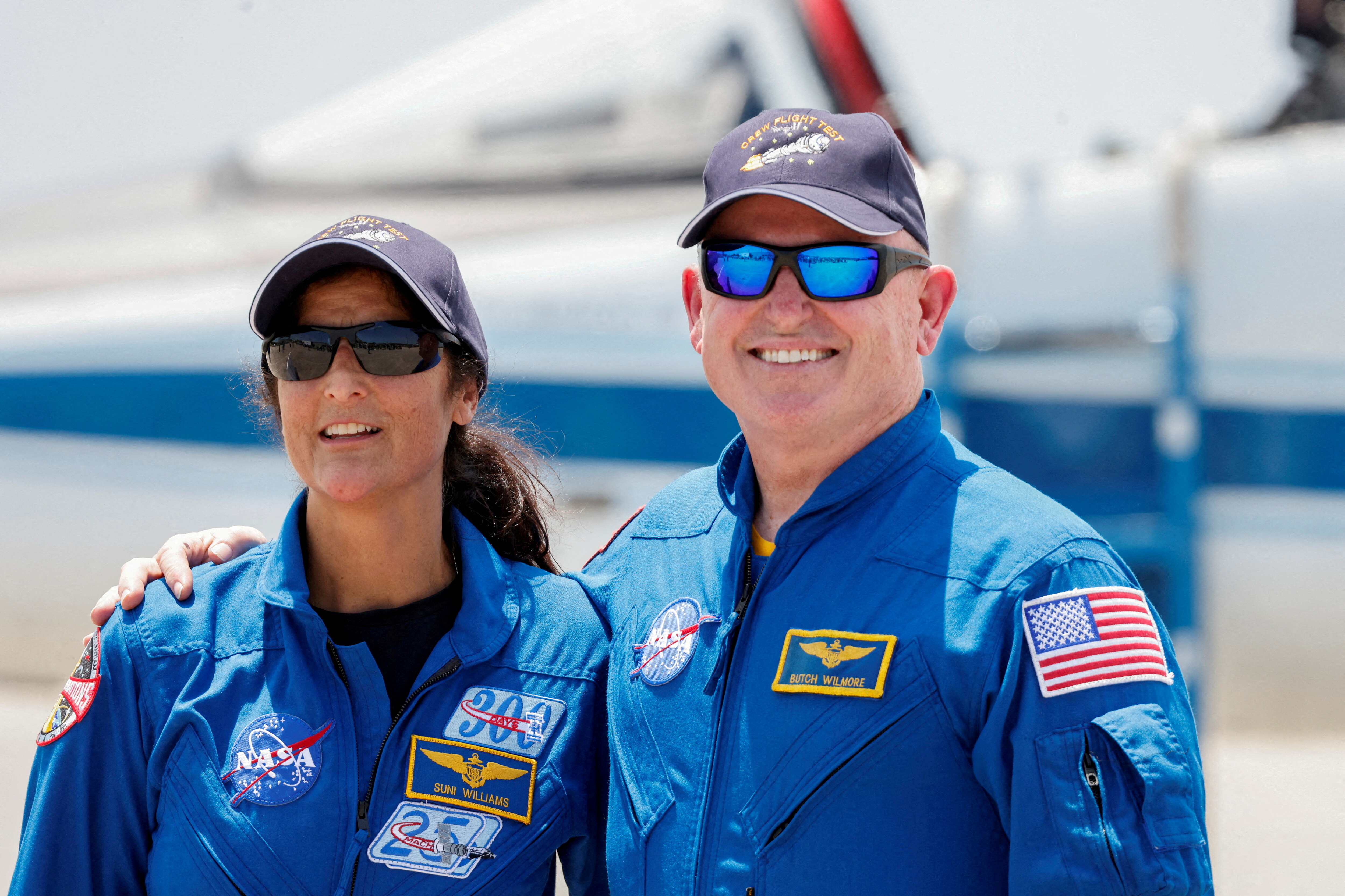 NASA astronauts Butch Wilmore and Suni Williams pose ahead of the launch of Boeing's Starliner-1 Crew Flight Test (CFT), in Cape Canaveral, Florida, U.S., April 25, 2024. REUTERS/Joe Skipper
